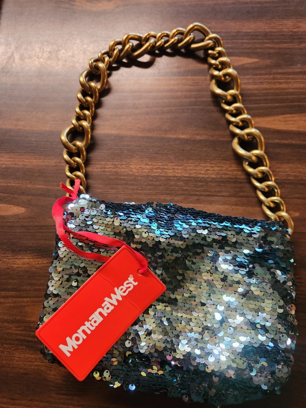 Montana West Iridescent Sequin Clutch  Bag with Gold Chain